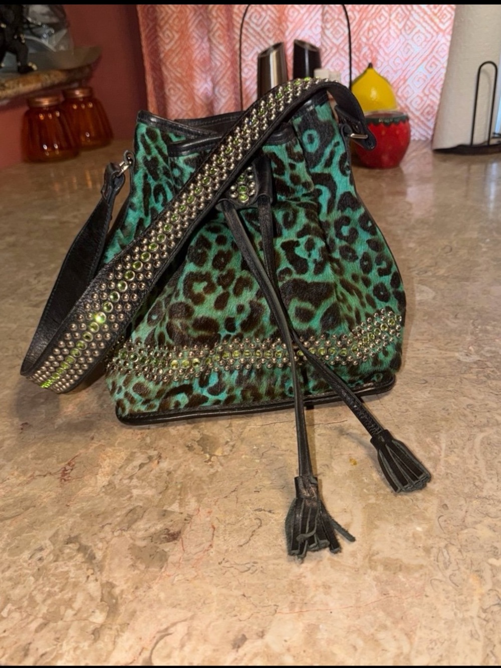 Raviani Leather Calf Hair Drawstring Bag W/ Crystals